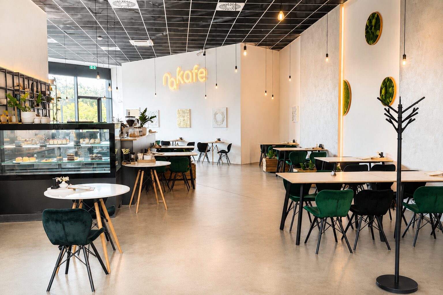 Prostor kavárny — s nakafe neonem
